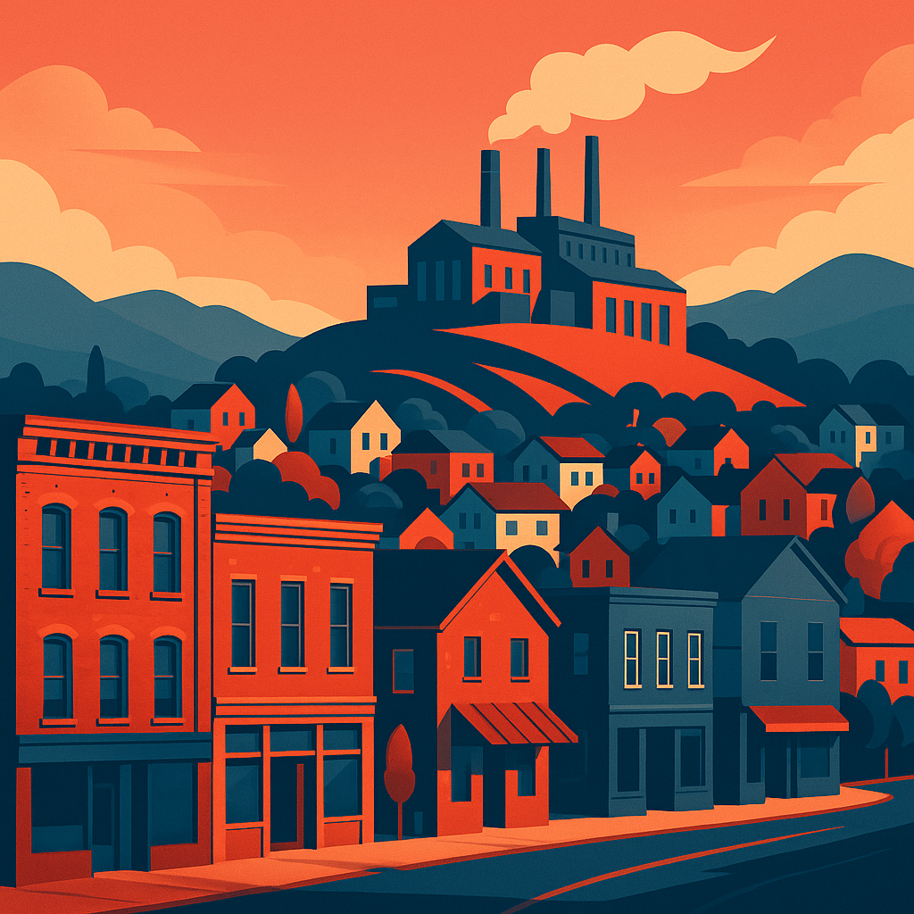 Illustration of a Wisconsin town with a factory on a hill, symbolizing community and business working together